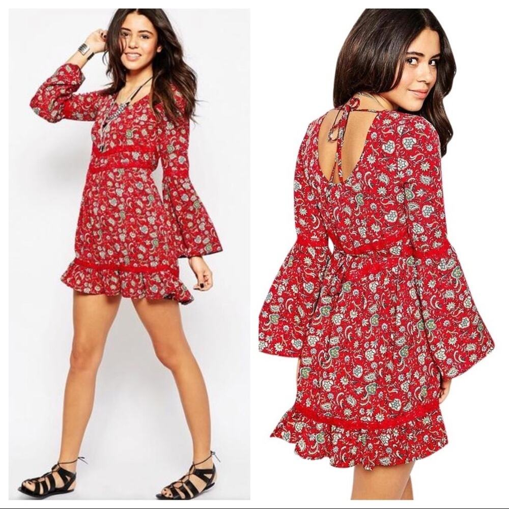 Band of Gypsies Red Lace Bell sleeve Mini Dress Size XS Floral Print
